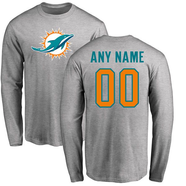 Men Miami Dolphins NFL Pro Line Ash Custom Name and Number Logo Long Sleeve T-Shirt